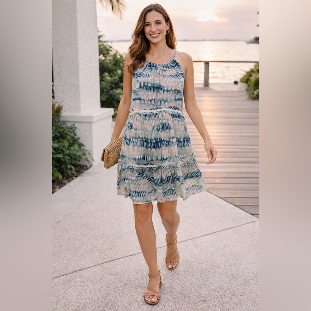 NWT NORDSTROM XL navy denim stripe sketch mini dress Strappy Lined Aztec 14 16